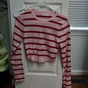 Red and Pink Striped Long Sleeve Crop Top